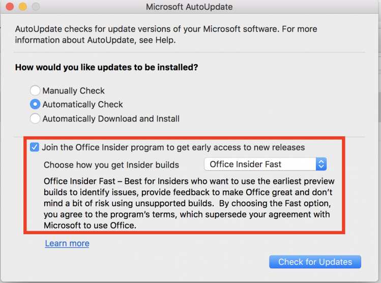 Screenshot showing Excel Insider build update screen