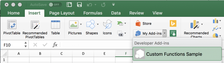 Excel custom function add-in showing new functions