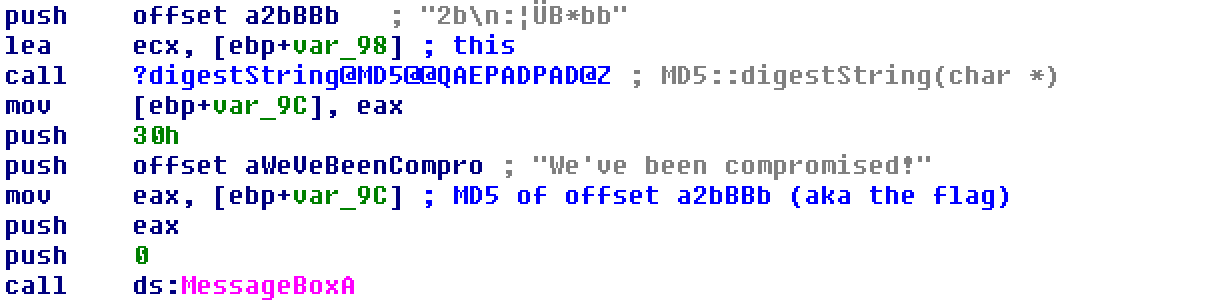 IDA Pro screenshot highlighting the flag string being hashed