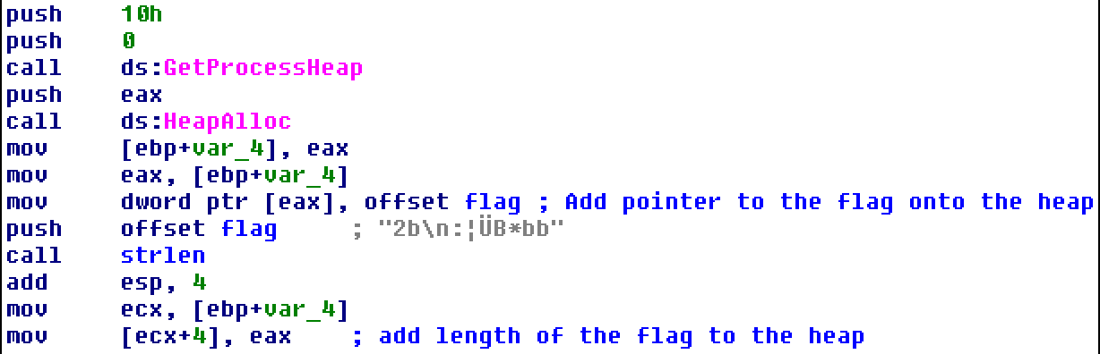 Assembly allocating heap memory and storing the flag pointer