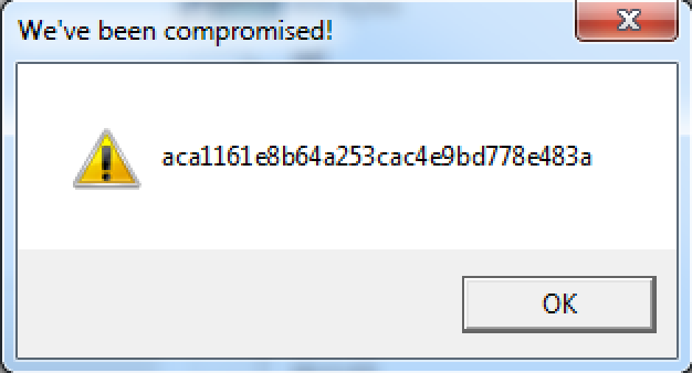 Message box displaying the MD5 hash for challenge 2
