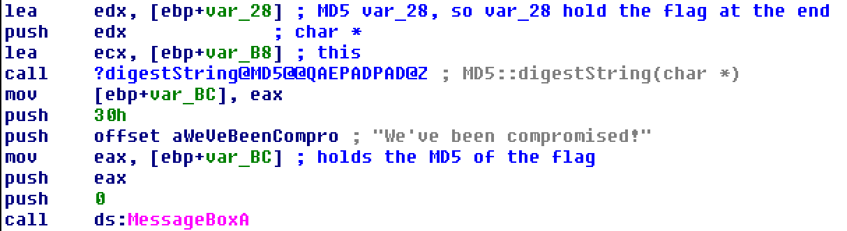 IDA Pro screenshot highlighting var_28 being passed to MessageBox