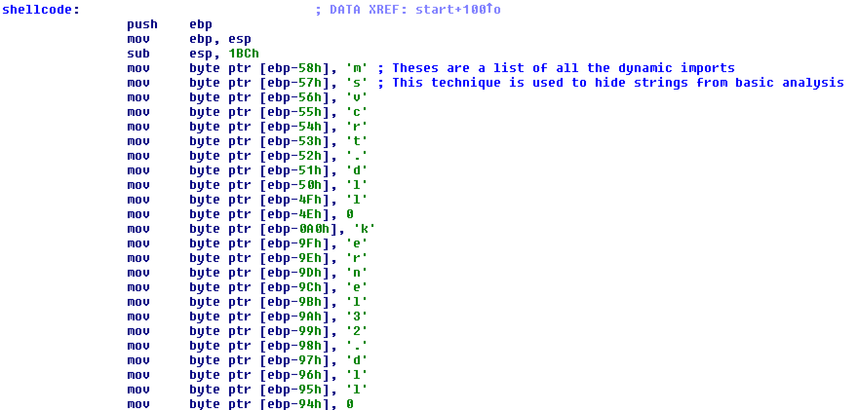 Shellcode building API strings byte by byte