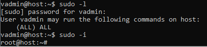 Terminal screenshot demonstrating sudo privileges for vadmin